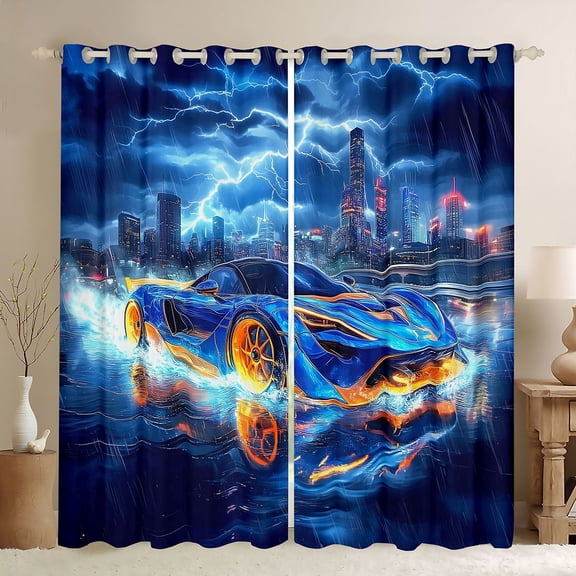 Erosebridal Blue Fast Car Black Out Curtains For Kids Boys,Car Theme Curtains Pack of 2 (42x63 Each) For Teens,Luxury Bedroom Decor