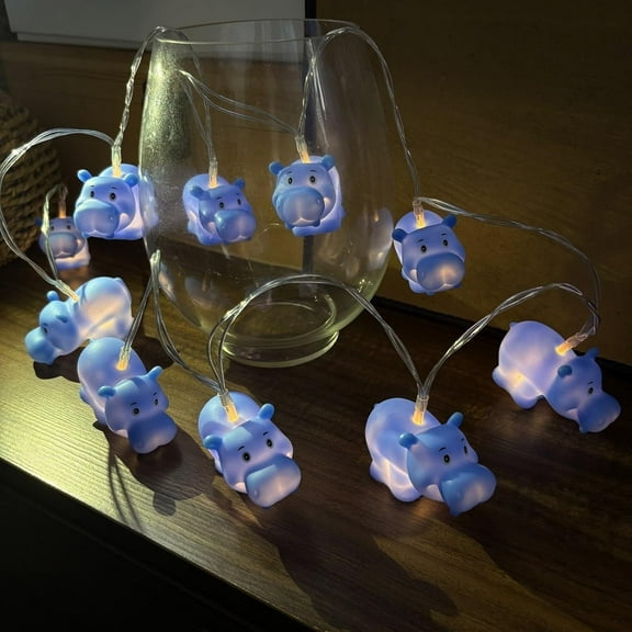 Cute Hippo String Lights 5.4FT 10 LEDs Blue Painted Hippo Shape Fairy Night Light Battery Operated for Hanukkah, Christmas Decoration