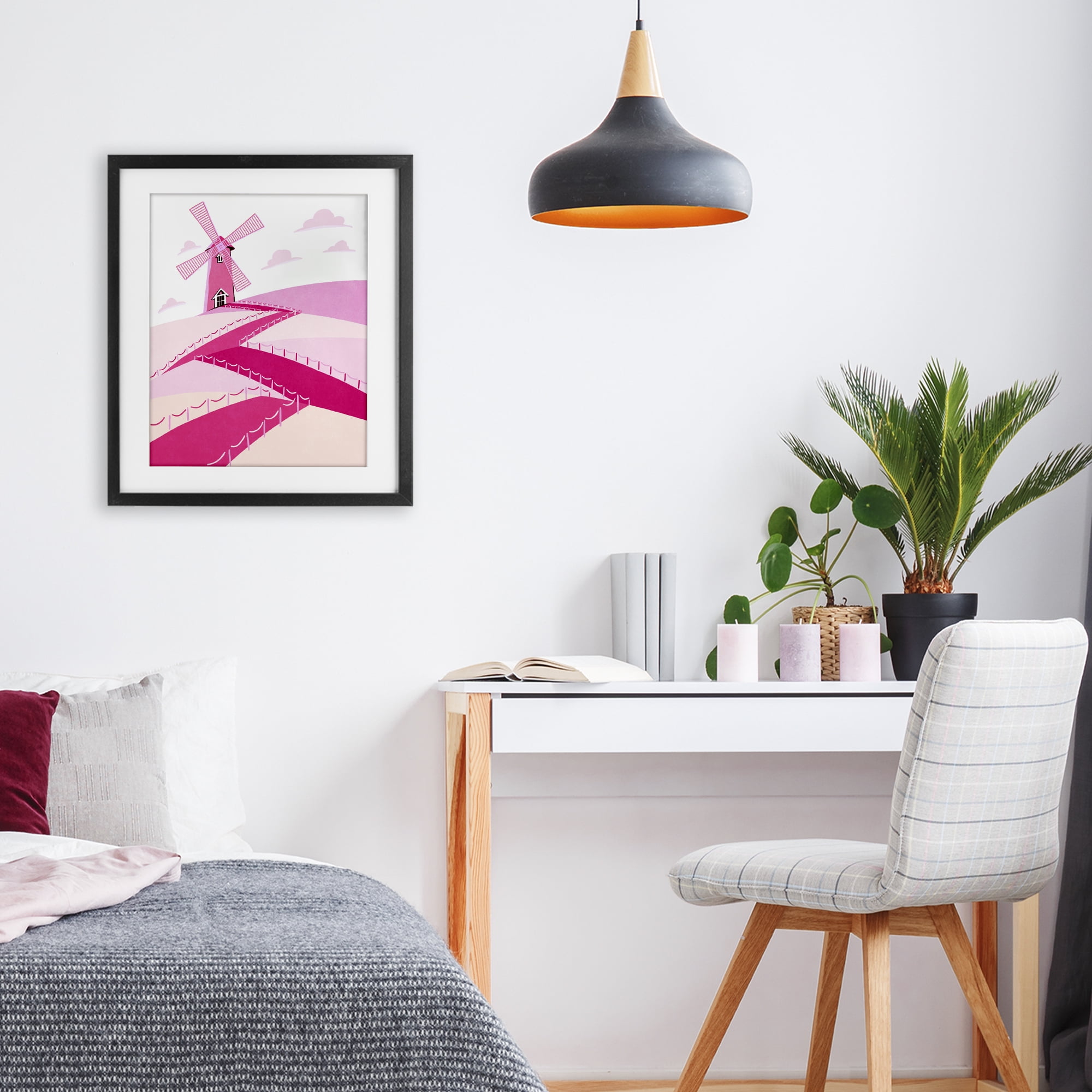 Pink Hills and Windmill Black Framed Print Under Glass, design by Ziwei Li