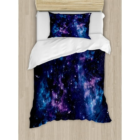 Dark Blue Bedding Space Duvet Cover Set, Mystical Sky with Star Clusters Cosmos Nebula Celestial Scenery Artwork, Decorative Bedding Set with Pillow Shams, Dark Purple and Blue, by Ambesonne ()