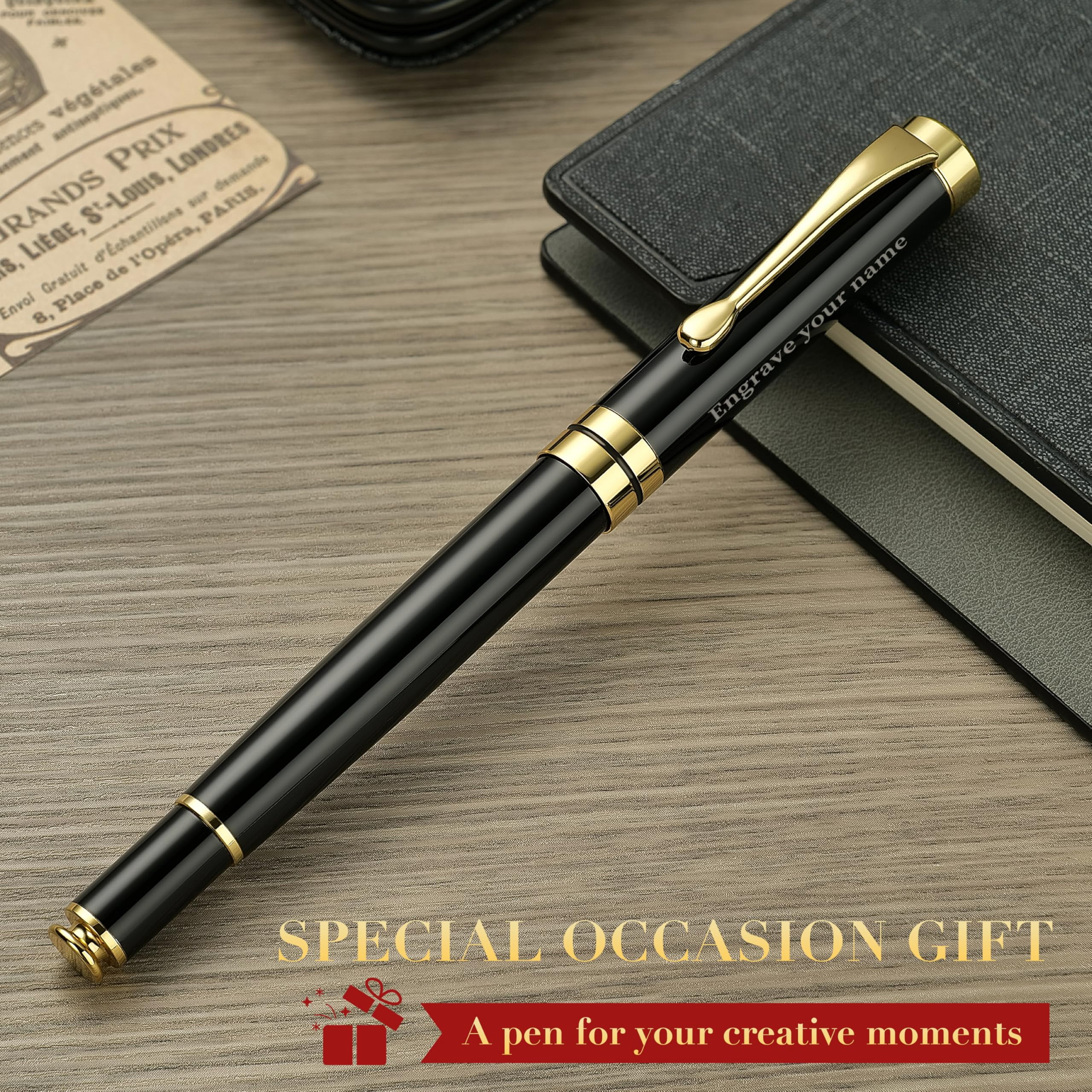 Personalized Ballpoint Pens  Stunning Black Chrome Metal Pen With Golden Trim Ball Gift Set For Men & Women Executive Office Nice Pens-gift Box 0.5mm Extra Refill