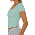 thumbnail image 3 of Gynyvoja Women'S Short Sleeve Tshirts Square Neck Cute Crop Tops Spring Summer Basic Tees Workout Going Out Bean Green XL, 3 of 9