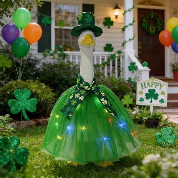 1 Set St. Patrick's Day Clover Porch Goose Outfits, 23 Inch Cement Goose Clothes and Hat Outfit Costume Set for Irish St. Patrick's Holiday Outdoor Garden Yard Decor