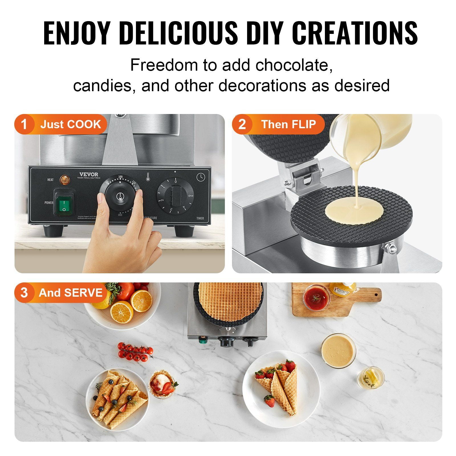 Commercial Electric Ice Cream Cone Maker 1230W Waffle Cone Machine Non Stick Stainless Steel Egg Roll Mold with Temperature Time Control Handle for Restaurant Bakery Snack Bar Family