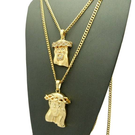 Stone Stud Jesus Face & Polished Jesus Face Pendant Set 3mm 61cm & 76cm Concave Cuban Chain in Gold-Tone