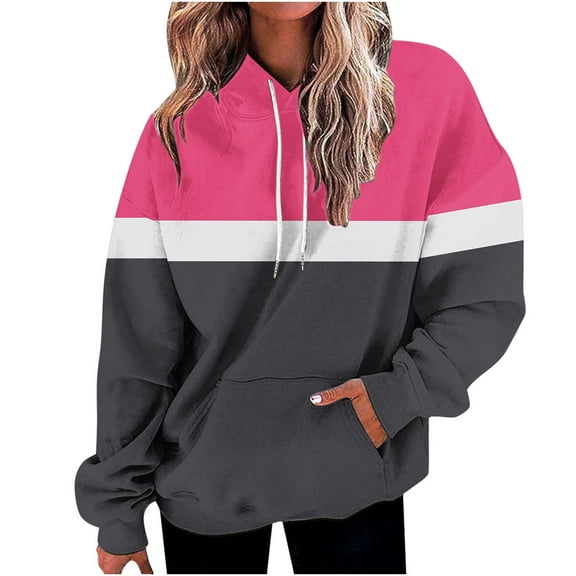 Scyoekwg Womens Sweatshirt Hooded Hoodie Sweatshirt with Pocket Long Sleeve Comfy Casual Blouses Color Block Patchwork Graphic Sweatshirts Loose Plus Size Pullover (Hot Pink,S)