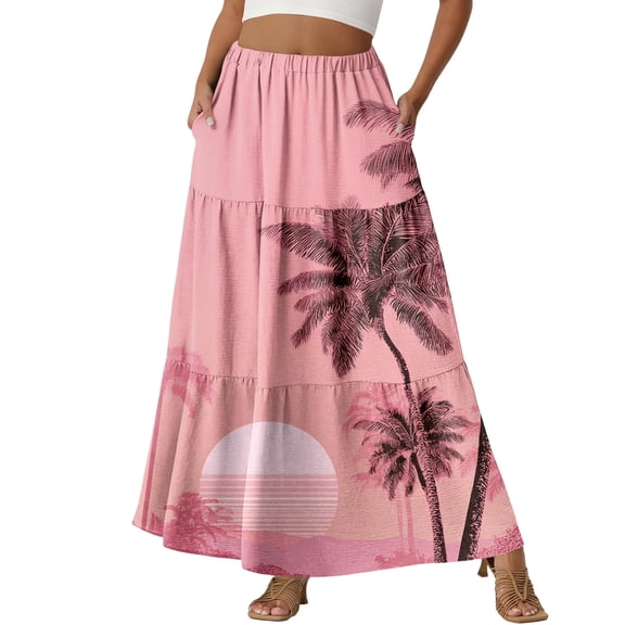 LWavelet Women Floral Print Tiered Maxi Skirt Elastic Waist With Pockets Boho Summer Long Skirt Pink 2XL