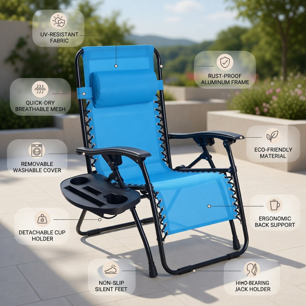 Hommoo 2-Pack Zero Gravity Folding Lounge Chairs with Adjustable Headrest & Removable Tray, Indoor/Outdoor Recliners for Back Support, Light Blue