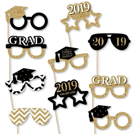 - Gold Glasses - Tassel Worth The Hassle - 2019 Paper Card Stock Graduation Party Photo Booth Props Kit - 10 Count