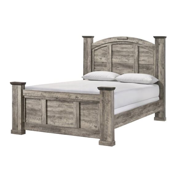 JERFIT Contemporary Gray Queen Poster Bed Frame, Wood Platform Bed with Slats, Modern Bedroom Furniture