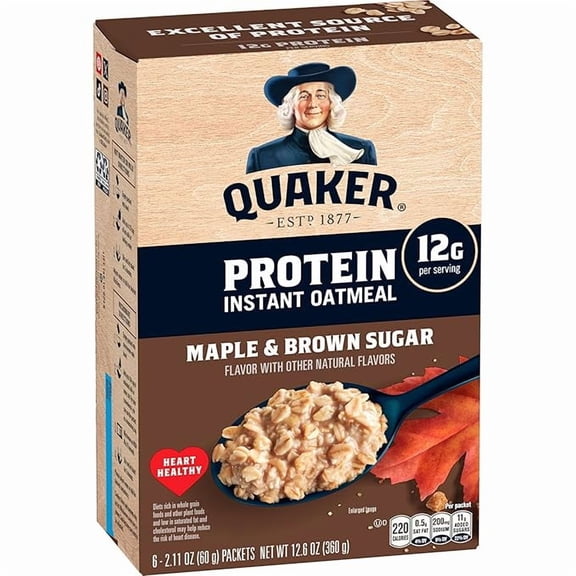 Quaker Protein Instant Oatmeal, Maple Brown Sugar, 12g Protein per Serving, Whole Grains, No Artificial Flavors, No Added Colors, 2.11 oz Packets, (6 Pack)