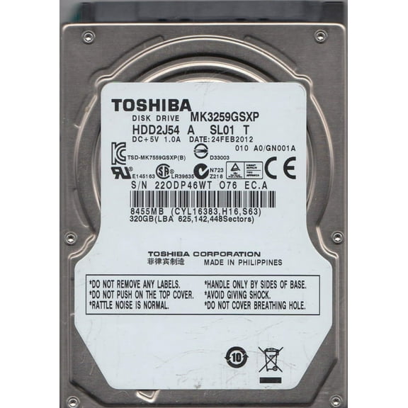 MK3259GSXP, A0/GN001A, HDD2J54 A SL01 T, Toshiba 320GB SATA 2.5 Hard Drive