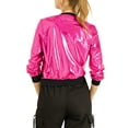 thumbnail image 4 of MODA NOVA Juniors Halloween Costume Casual Stand Collar Metallic Zip Crop Length Bomber Jacket Hot Pink S, 4 of 7
