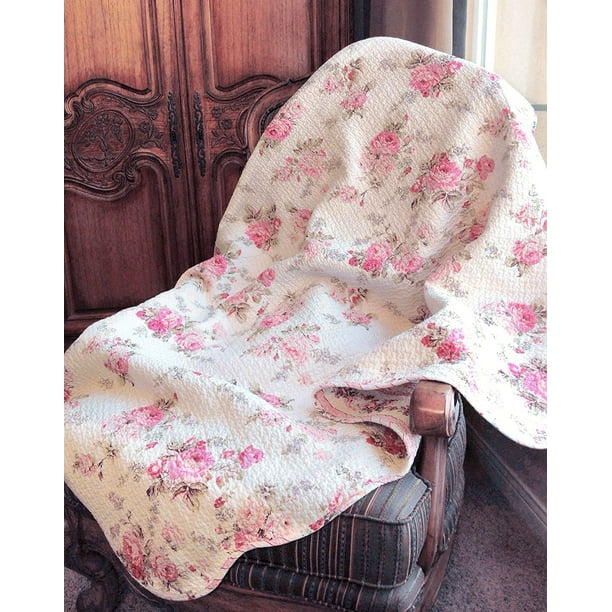 Cozy Line Chic Shabby Spring Rose 100 Cotton Quilted Throw Blanket
