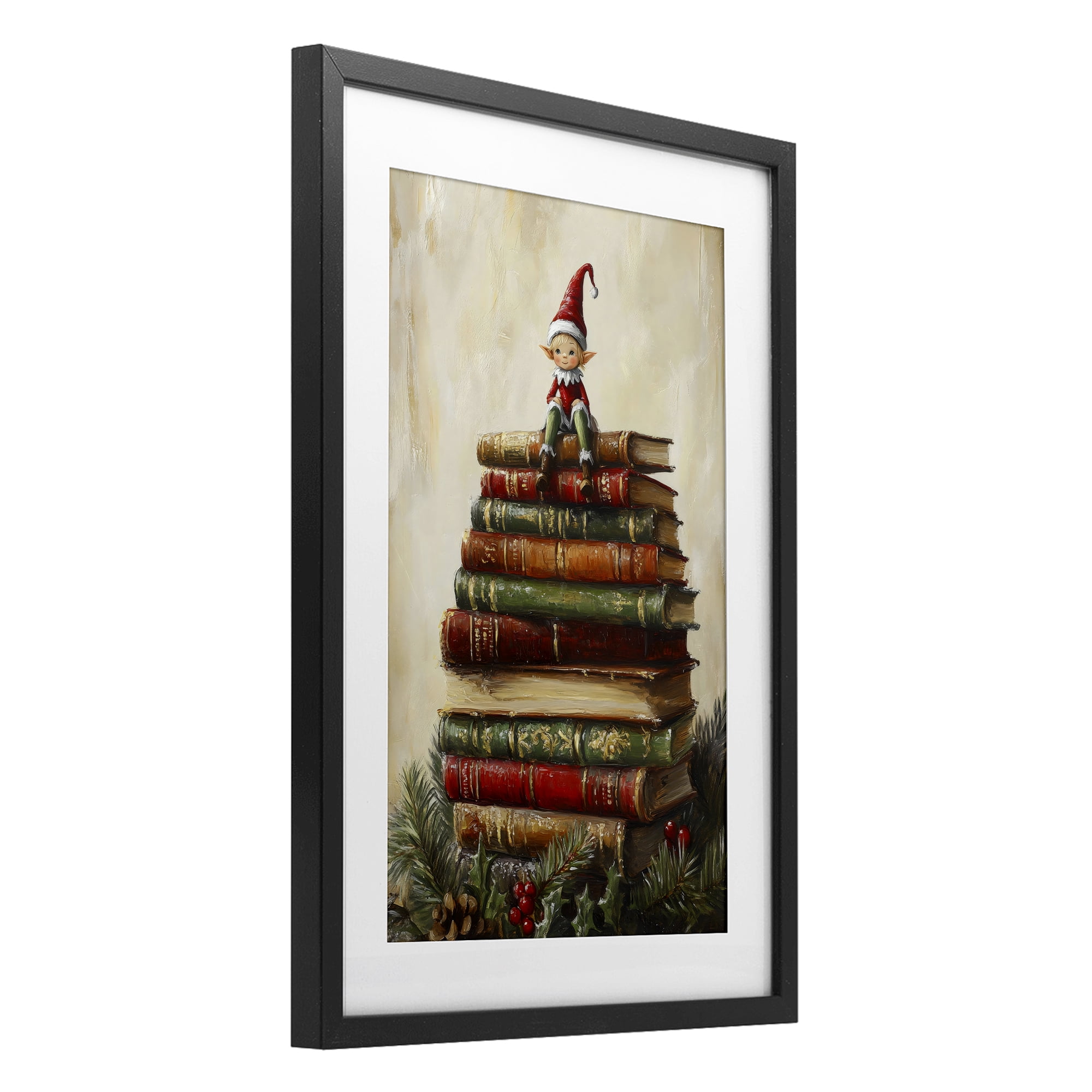 Christmas Elf Bookstack Black Framed Print Under Glass, design by Petal Prints Design
