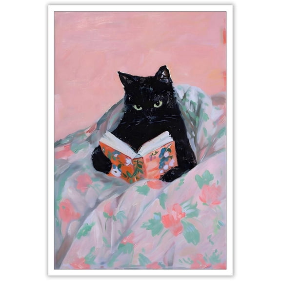 Vintage Black Cat Reading In Bed Posters Pink Funny Animal Canvas Wall Art Girls Study Room Book Lover Colorful Preppy Prints Painting For Bedroom Dorm Wall Decor Perfect holiday gift