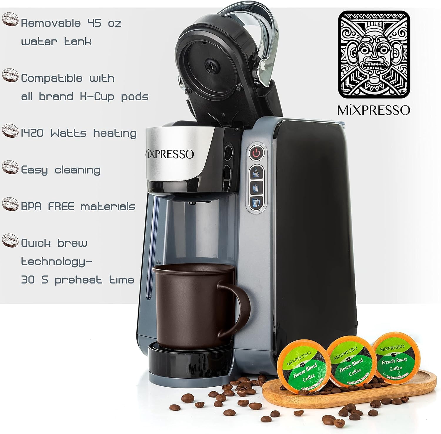 Mixpresso Coffee Maker Single Serve Coffee Brewer, with Auto Shut-Off, Gray