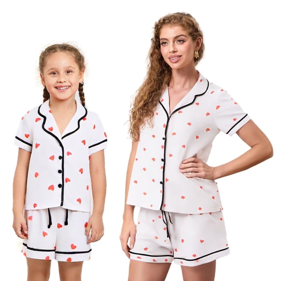 AIGUR Mommy and Me Matching Pajamas Heart Print Button Down Short Sleeve Lapel Tops and Shorts Set Family Sleepwear