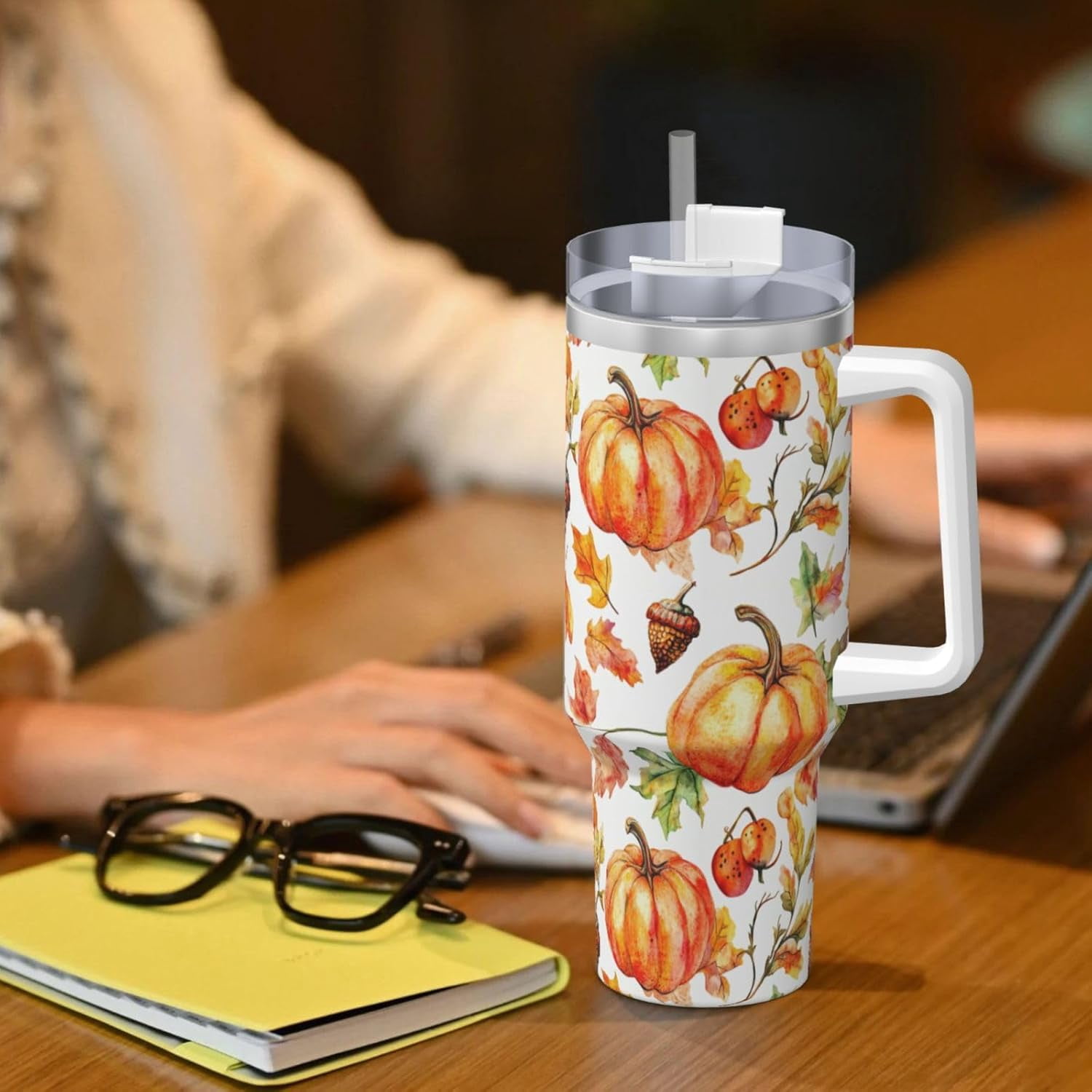Fall Pumpkin 40 Oz (1200 ml) Insulated Coffee Tumbler with Handle and Straw Lid, Reusable Stainless Steel Travel Mug Cup for Women Men Party Birthday Gifts