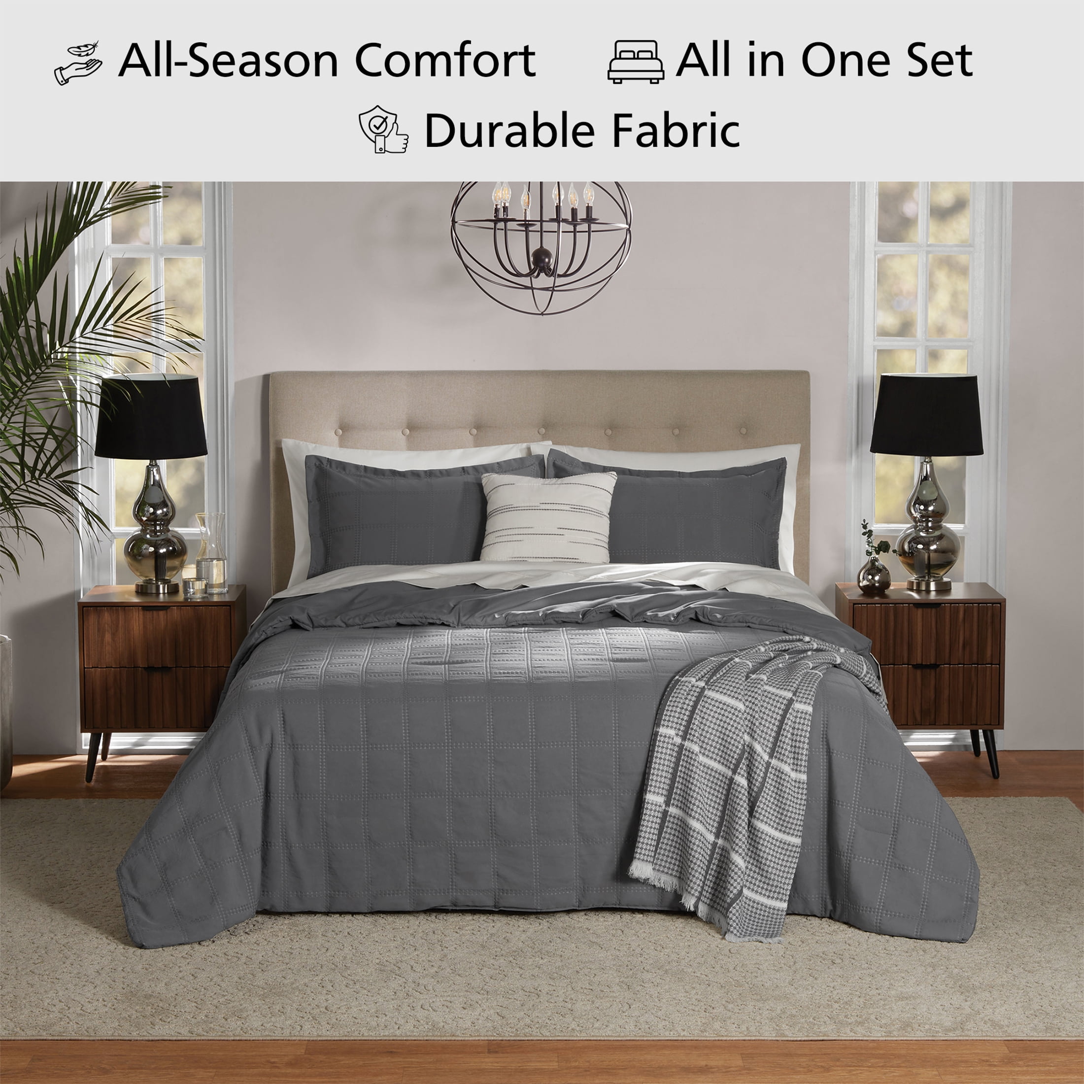 Mainstays Full/Queen Comforter Set, All-Season, 5-Piece, Grey Waffle Check