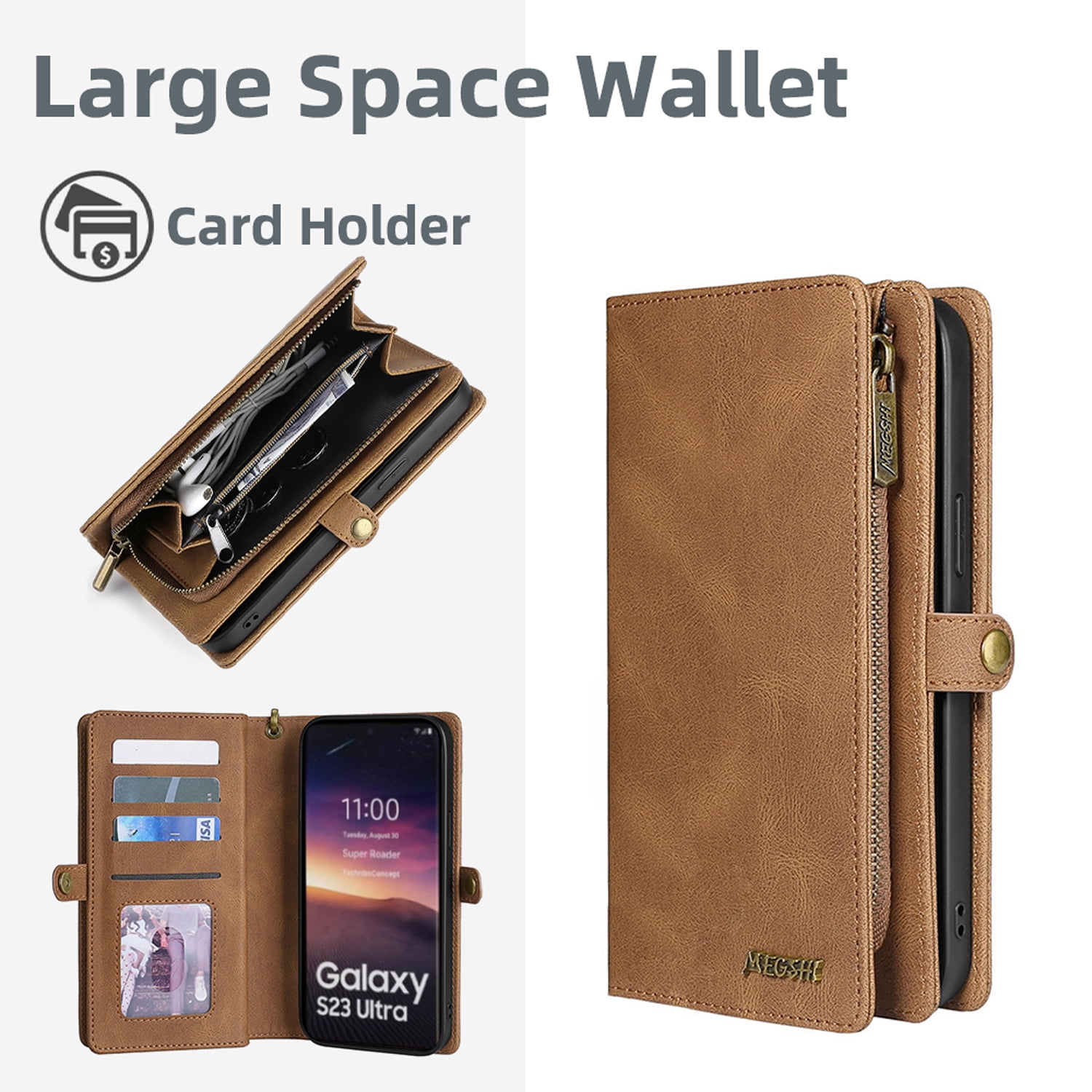 Detachable Wallet Case for iPhone 7 / iPhone 8 / iPhone SE 2022 & 2020, 2-in-1 Zipper Wallet with Credit Card Holder, PU Leather Wrist Strap Flip Stand Shockproof Magnetic Purse Phone Cover, Brown