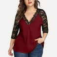 thumbnail image 2 of Tuphregyow Womens Tops Deep V-Neck Color Block Oversized Lace Hollow Out Blouse T-Shirt Loose Tummy Hiding Long Sleeve Plus Size Tunic Top For Ladies Comfy Casual Wine XXL, 2 of 8