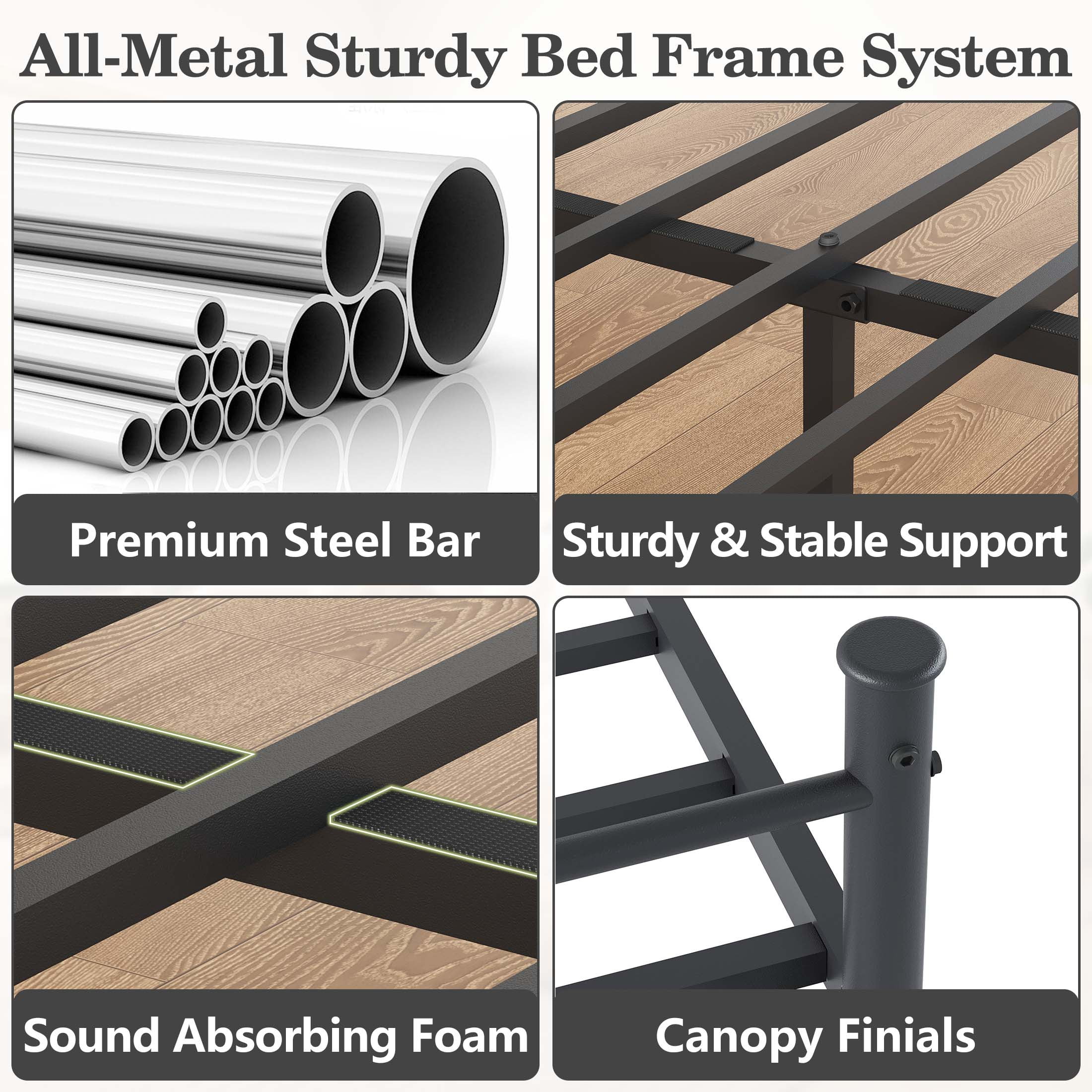 FullSize Bed Frame, HSUNNS Upholstered Full Size Canopy Bed Frame with 2 Storage Drawers, Headboard and Footboard, Metal Platform Bed with Under-Bed Storage, No Box Spring Needed, Black+Gray