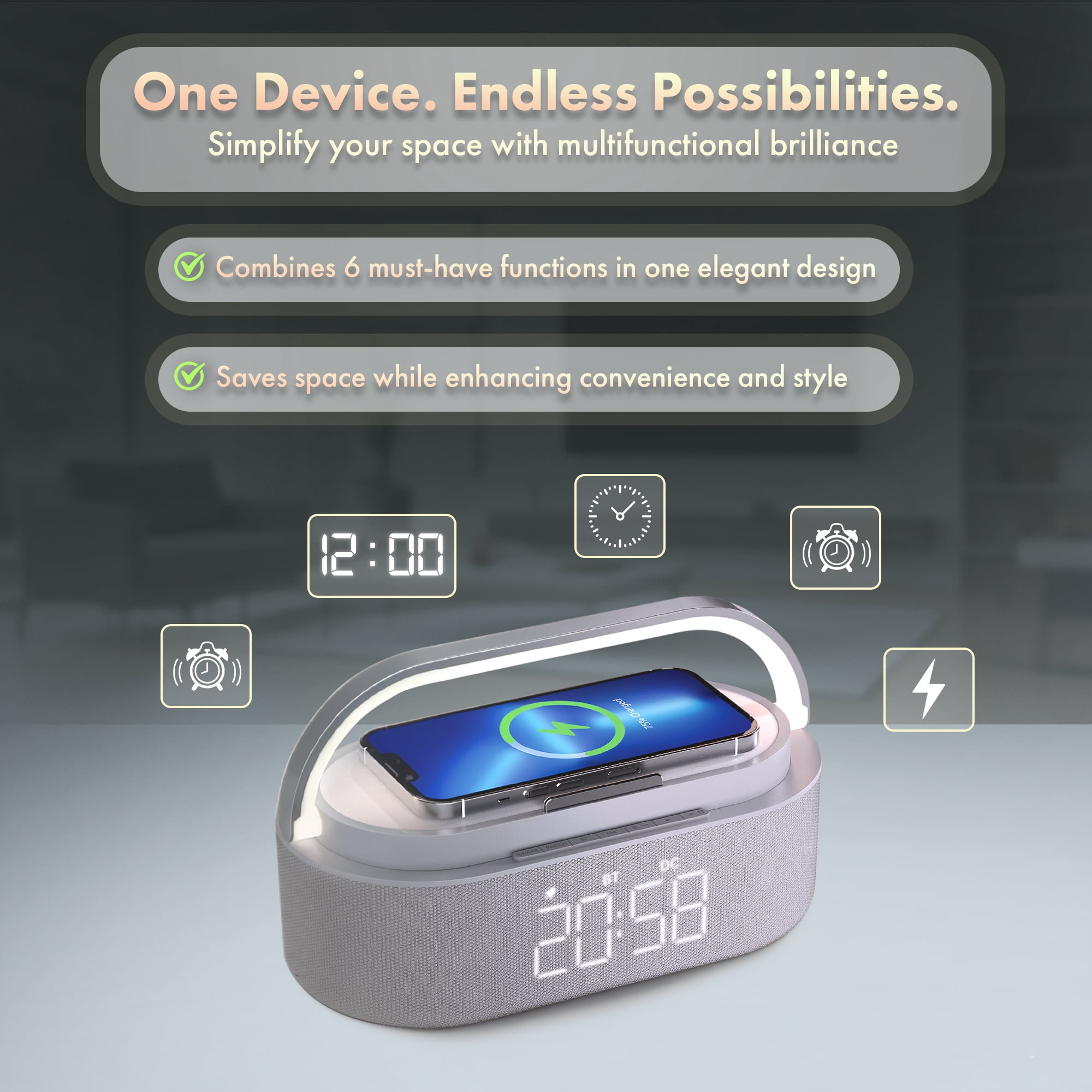 MVMT Harmonic 6-in-1 Portable Bluetooth Speaker with 15W Wireless Charging, Ambient Light, Alarm Clock, FM Radio & Phone Holder