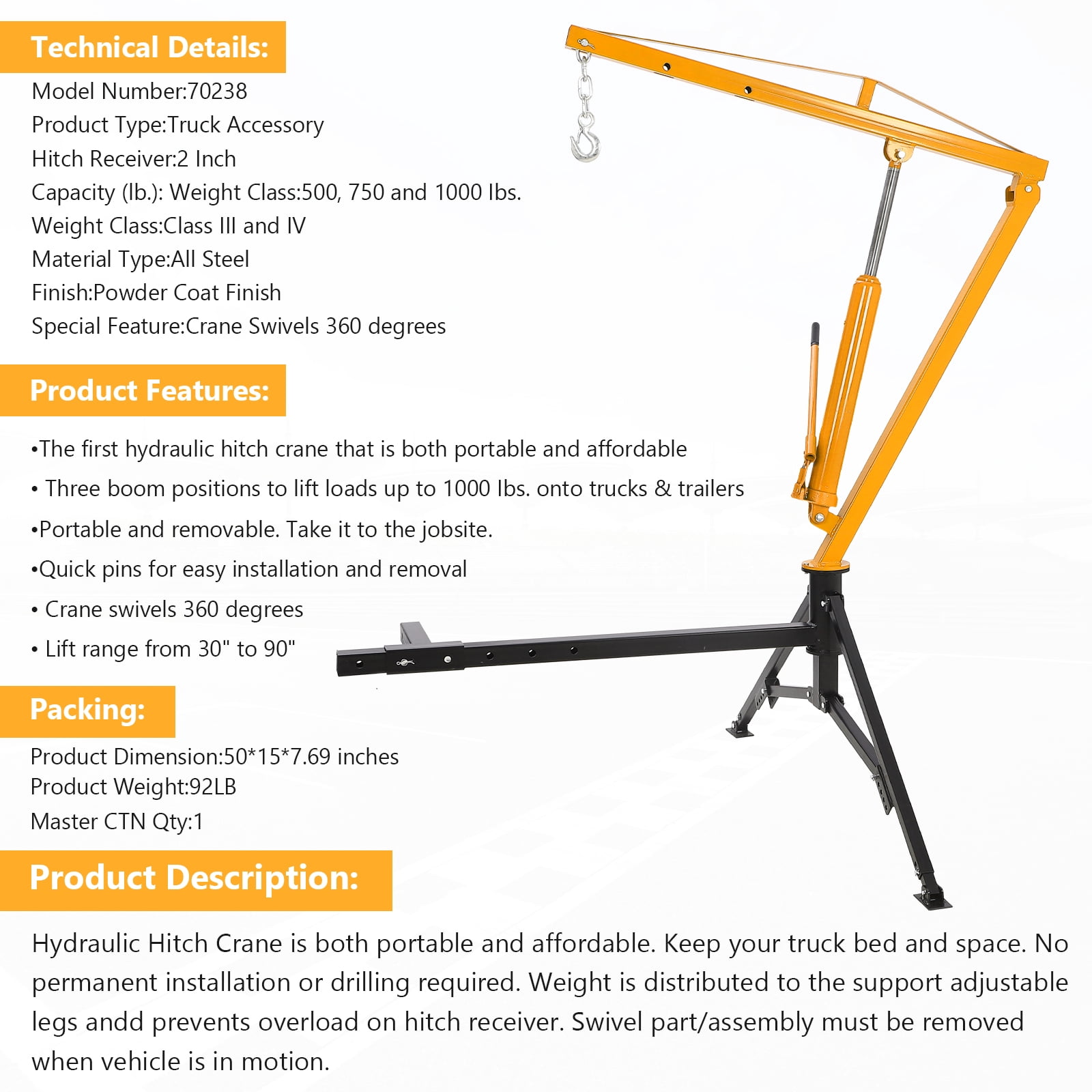 Hydraulic Pickup Truck Crane, 360° Swivel Professional 2-Inch Hitch Receiver, 3 Adjustable Capacities: 500 Lbs, 750lbs, 1000 Lbs(Max) for Lifting Goods in Factory