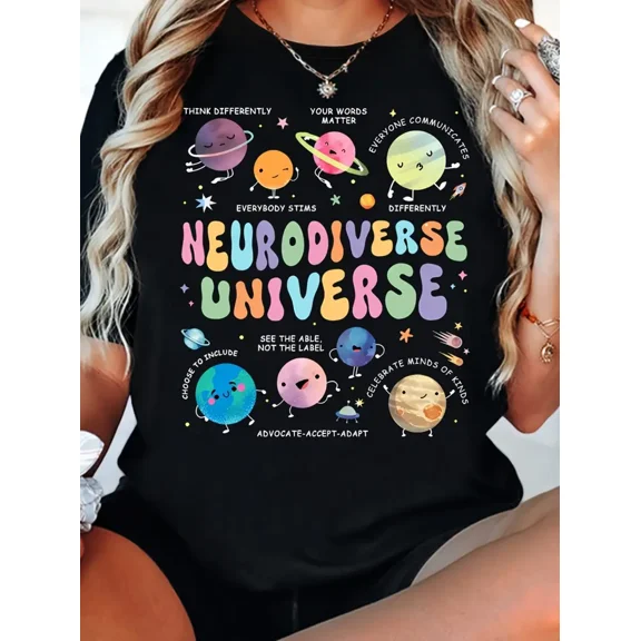 Neurodiverse Universe Cute Planets Acceptance Unisex Short Sleeve Graphic T-Shirt
