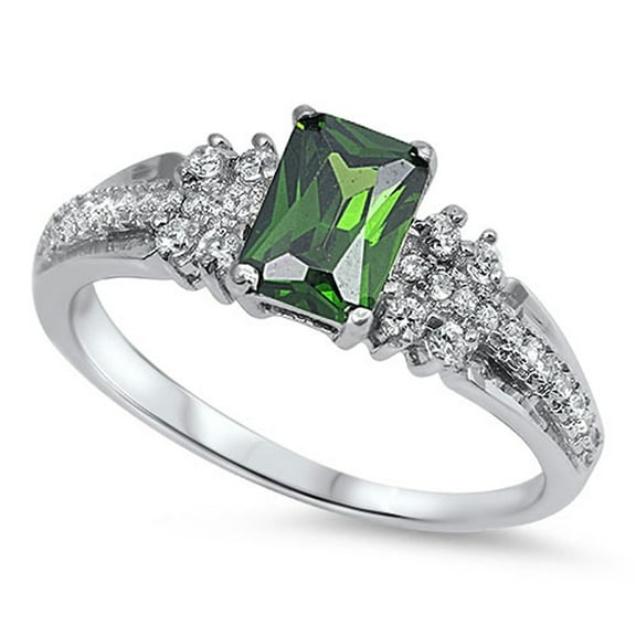 CHOOSE YOUR COLOR Rectangle Simulated Emerald Wedding Ring .925 Sterling Silver Band Green CZ Female Size 11