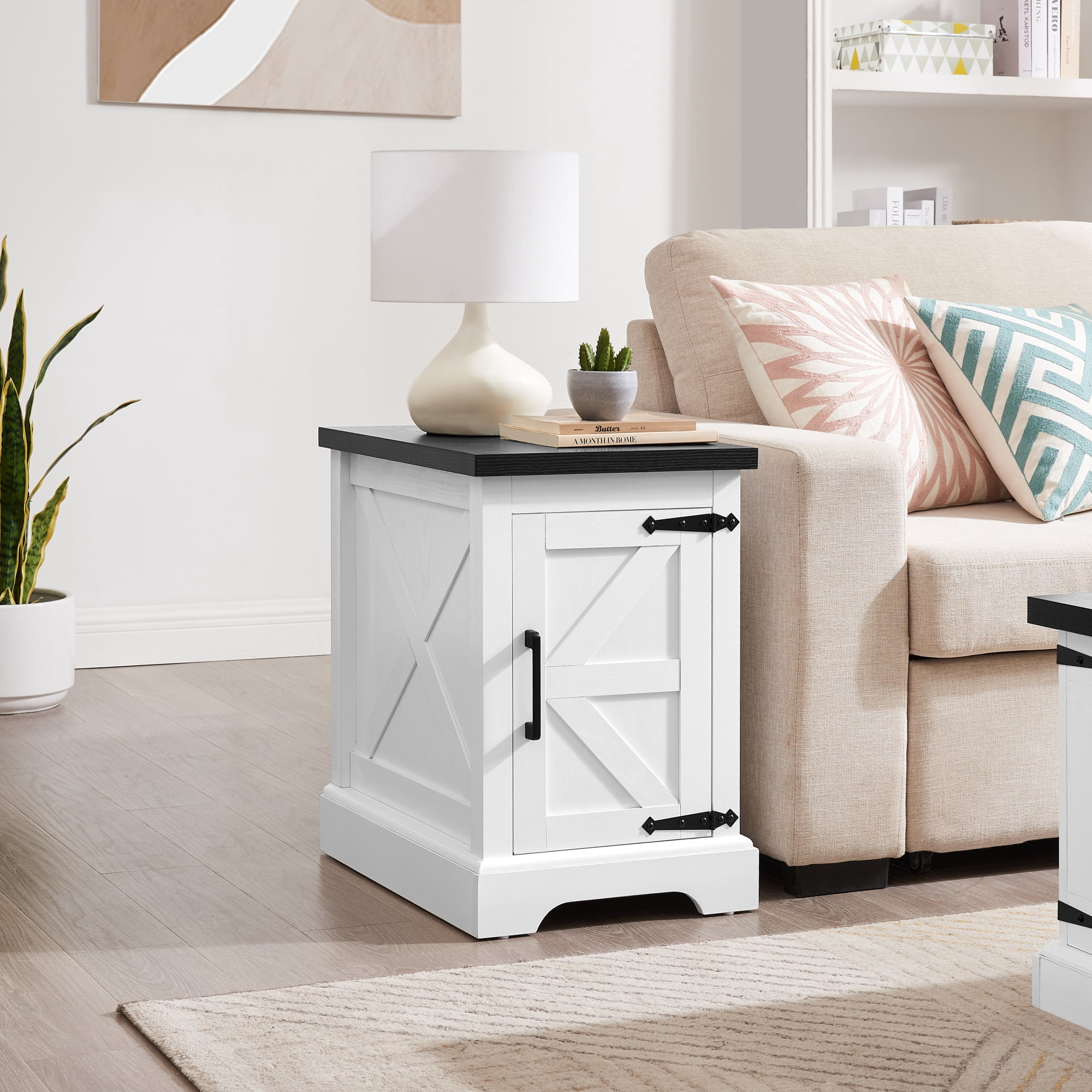 Leumius Farmhouse Nightstand, Rectangular End Table with Barn Door and Adjustable Storage Shelf, Rustic Sofa Side Table for Living Room, Bedroom White