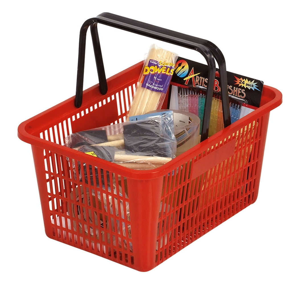 Set of 12 Plastic Baskets with Metal Handles Plastic Shopping Baskets Durable Red Plastic with Stand and Sign 
