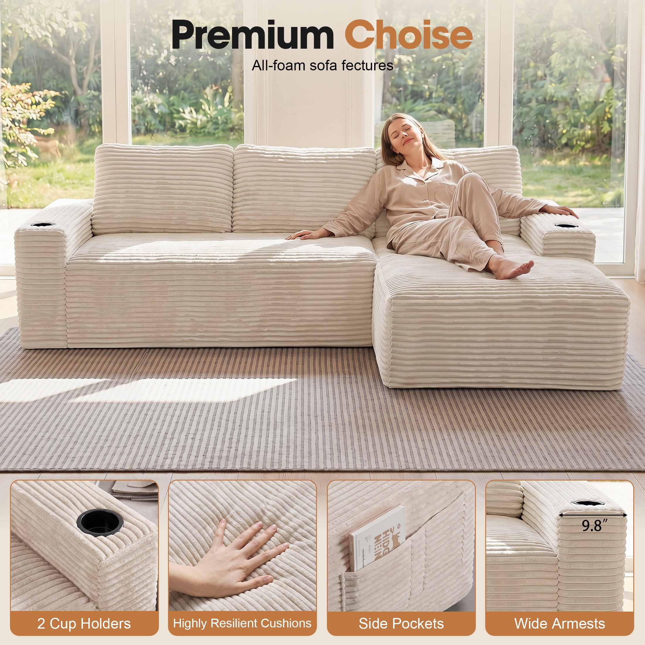 Aenkyo 104 Inch Corduroy L-Shaped Cloud Sectional Sofa with Right Facing Chaise and Cup Holders, Gream