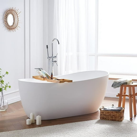Cpingao 67" Solid Surface Oval Freestanding Bathtub, Contemporary Stone Resin Stand Alone Soaking Tub with Overflow and Pop Up Drain, One-Piece Molding Matte White 8828-1700