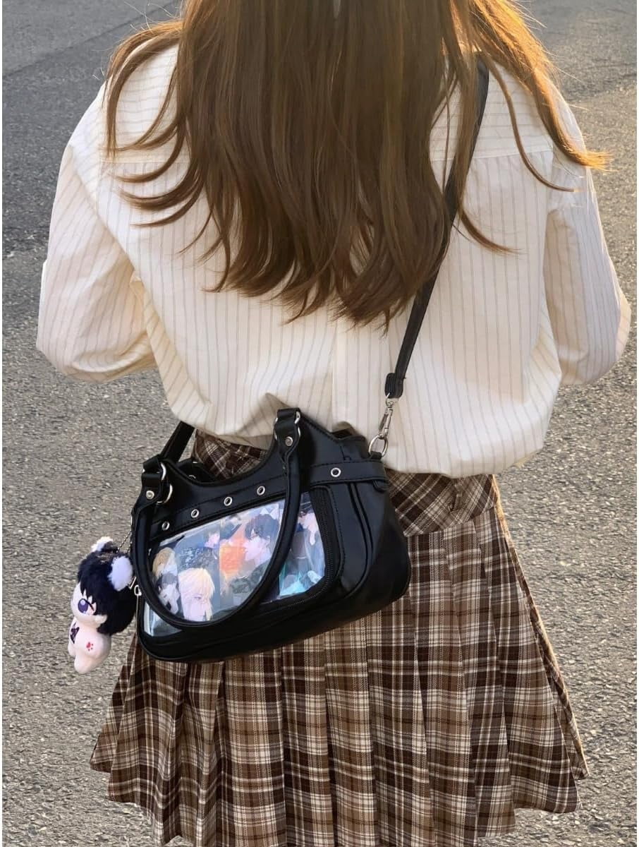 SPEKSEE Anime Ita Bag PU Leather Shoulder Bag with Display Window, Studded Handbag with Adjustable Strap