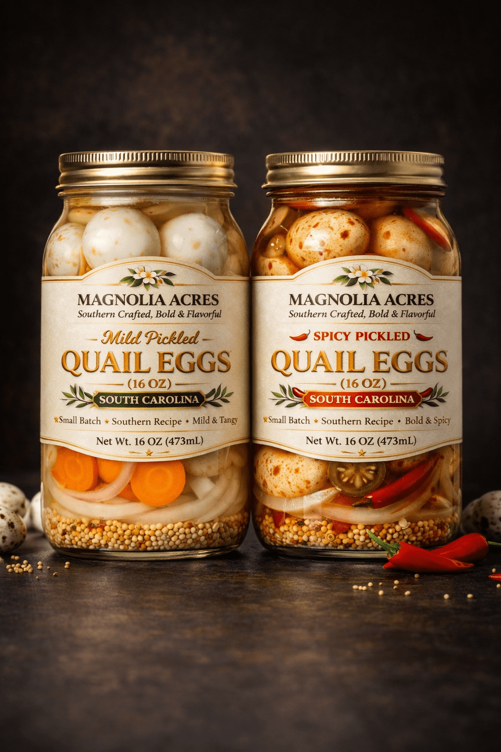 Magnolia Acres Spicy Pickled Eggs, 2 Pack (32 oz Jars), Southern Style Bold Flavor, High Protein Snack, Small Batch, South Carolina Inspired