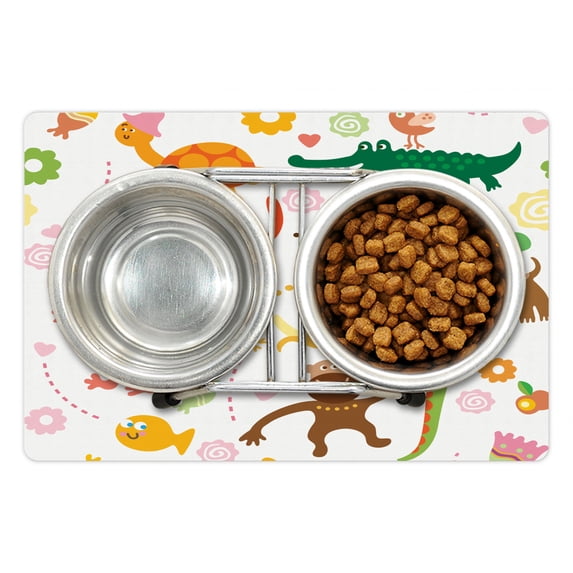 Animals Pet Mat for Food and Water, Jolly Cartoon Animals Colorful Flowers and Hearts for Cheerful Babies and Children, Non-Slip Rubber Mat for Dogs and Cats, 18" X 12", by Ambesonne