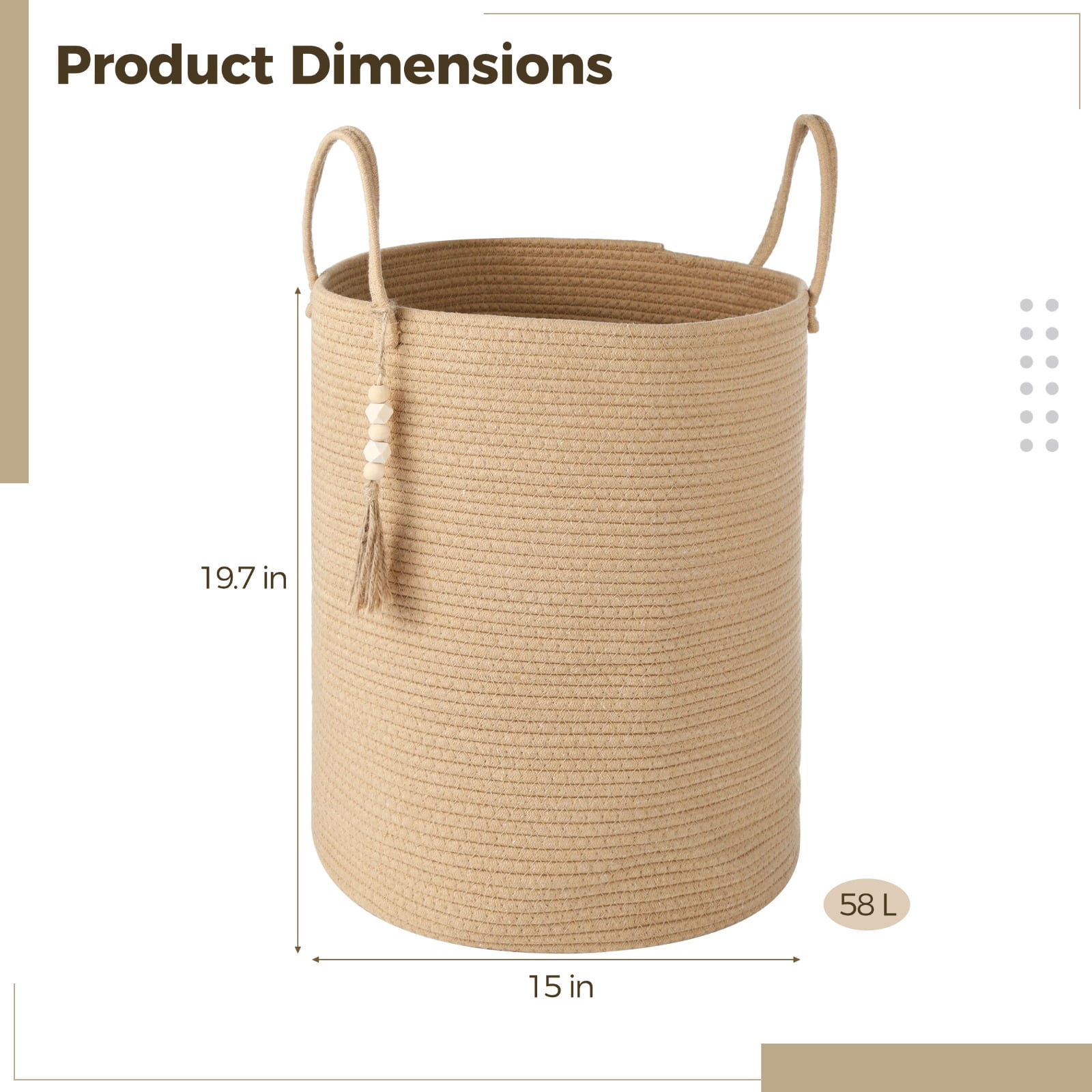Cotton Rope Laundry Hamper Basket, 58 L Woven Laundry Basket with Handle, 19.7"x 15" Tall Storage Bin with Bead Tassel, Large Clothes Hamper, Toy Blanket Organizer for Living Room, Bedroom
