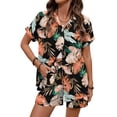 thumbnail image 4 of Youpwaven Women's 2-Piece Hawaii Vacation Set, Tropical Floral Print Short Sleeve Shirt and Shorts, Summer Beach Holiday Button Down Outfit, Casual Loose Fit Loungewear, 4 of 7