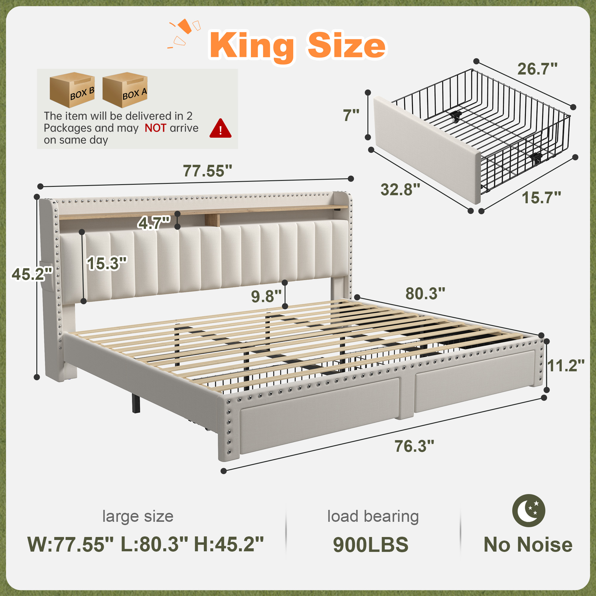 Romorgniz King Size Bed Frame with 2 Storage Drawers and 2-Tier Storage Shelf Upholstered Bed Frame with Headboard Platform Bed Frame Noise-Free No Box Spring Needed,Beige
