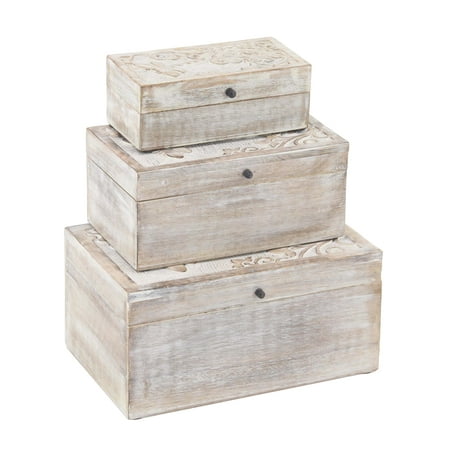 Carved Mango Wood Box Decmode Set of 3 Natural Mango Wood Dragonfly Design Whitewashed Boxes With Lid, Brown ()