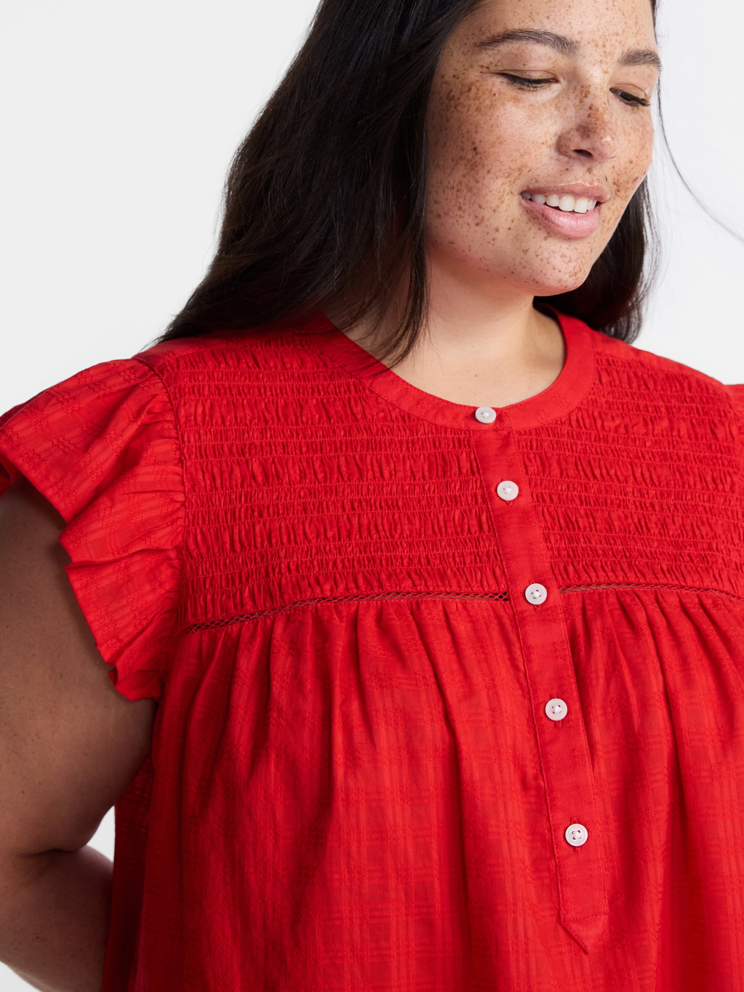Terra & Sky Women’s Smocked Yoke Blouse with Flutter Sleeves, Sizes 0X-5X