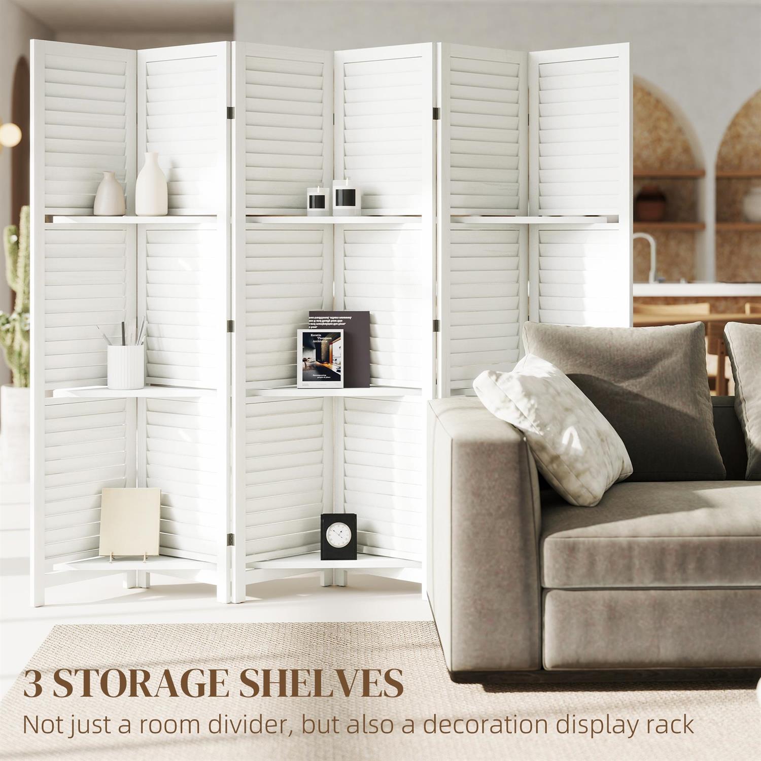 Demi Bonn 67" Tall Wood Privacy Screen Room Divider with 6 Panels, 3 Shelves, Folding Storage for Bedrooms, White