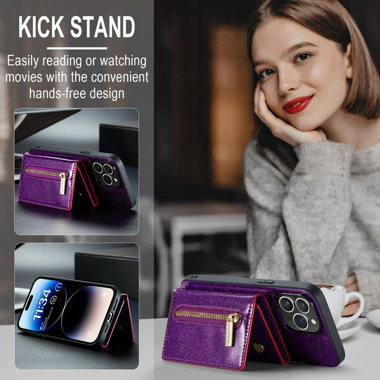 K-Lion for iPhone 15 Pro Wallet Case, Glitter Glossy 2 in 1 Design Zipper  Pocket PU Leather Shockproof Protective Case Card Slots Holder Magnetic  Kickstand Full Phone Case Cover, Darkpurple 