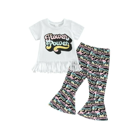 

Calsunbaby Little Girls 2Pcs Outfits Short Sleeve Letter Tassels Hem Pullover + Elastic Waist Colorful Flared Trousers White 2-3 Years