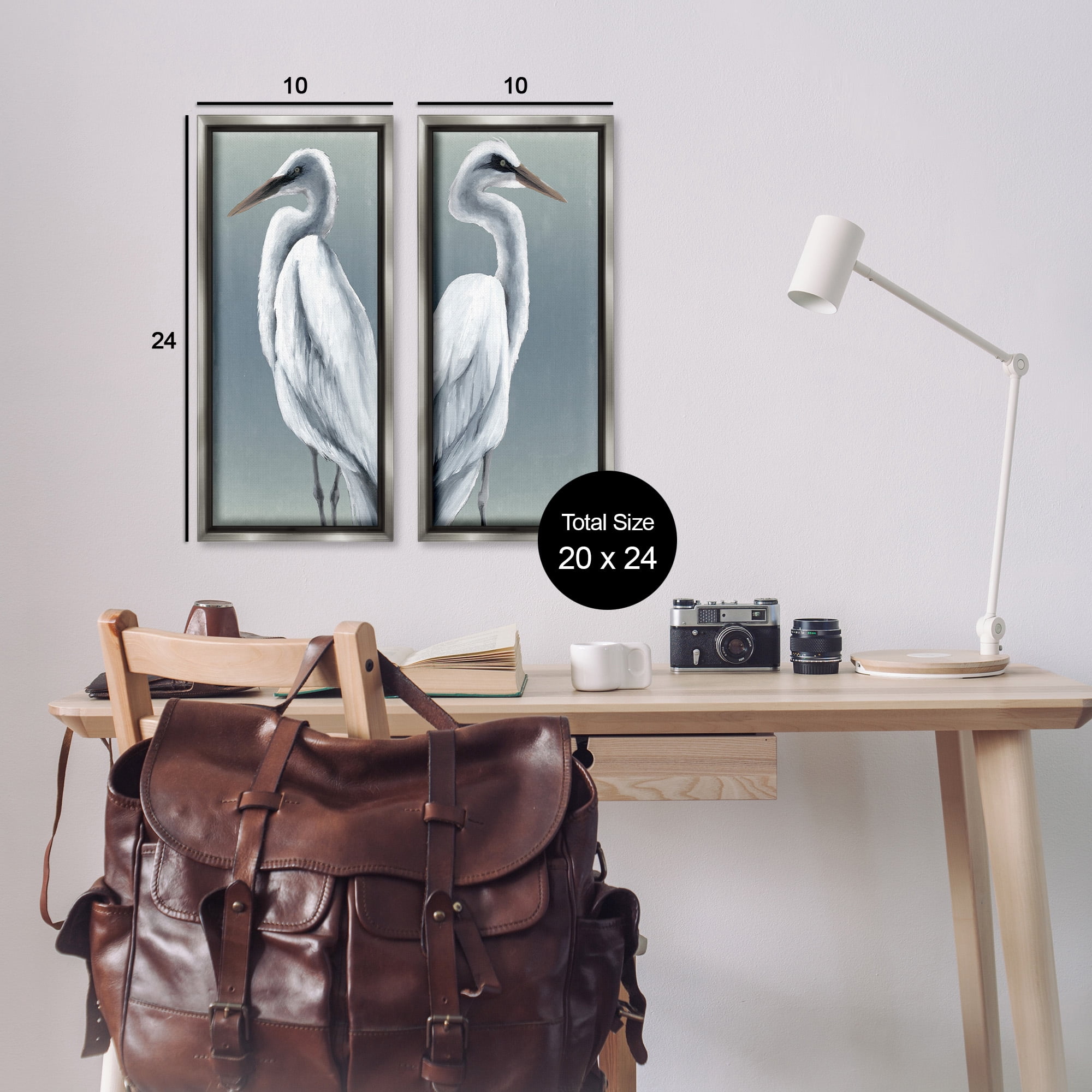 Stupell Industries Nautical Egret Portraits Animals & Insects Painting Gray Floater Framed Canvas Art Print Wall Art, 11 x 25, Set of 2