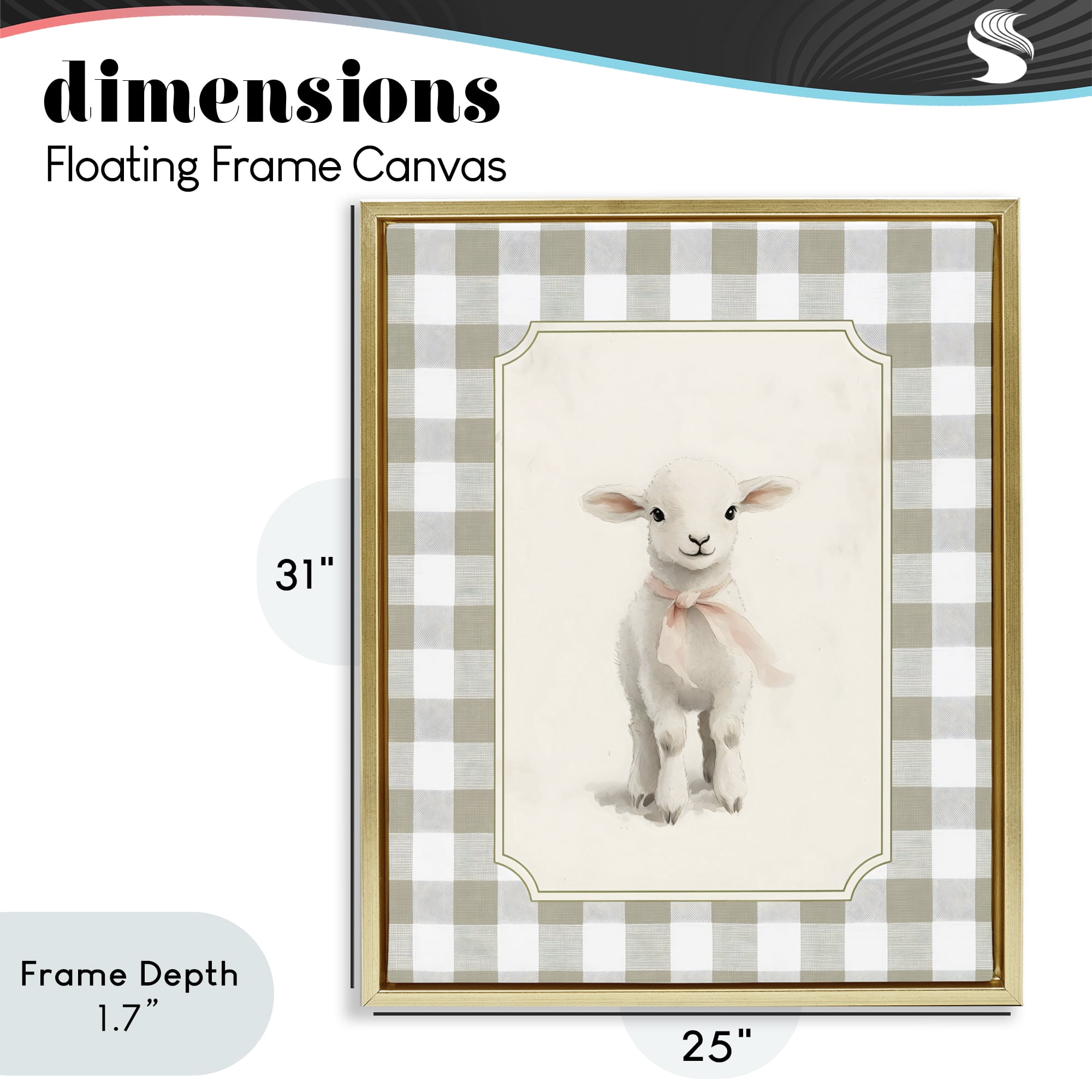 Stupell Industries Gingham Lamb with Pink Ribbon Gold Framed Floater Canvas Wall Art, design by Arlington Prints