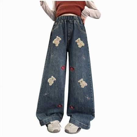 Gubotare Jeans for Girls Wide Leg Girls Wide Leg Jeans Kids Elastic Waist Pull On Stretchy Baggy Denim Pants with Pockets 5T 6T (Navy 5-6 Years)