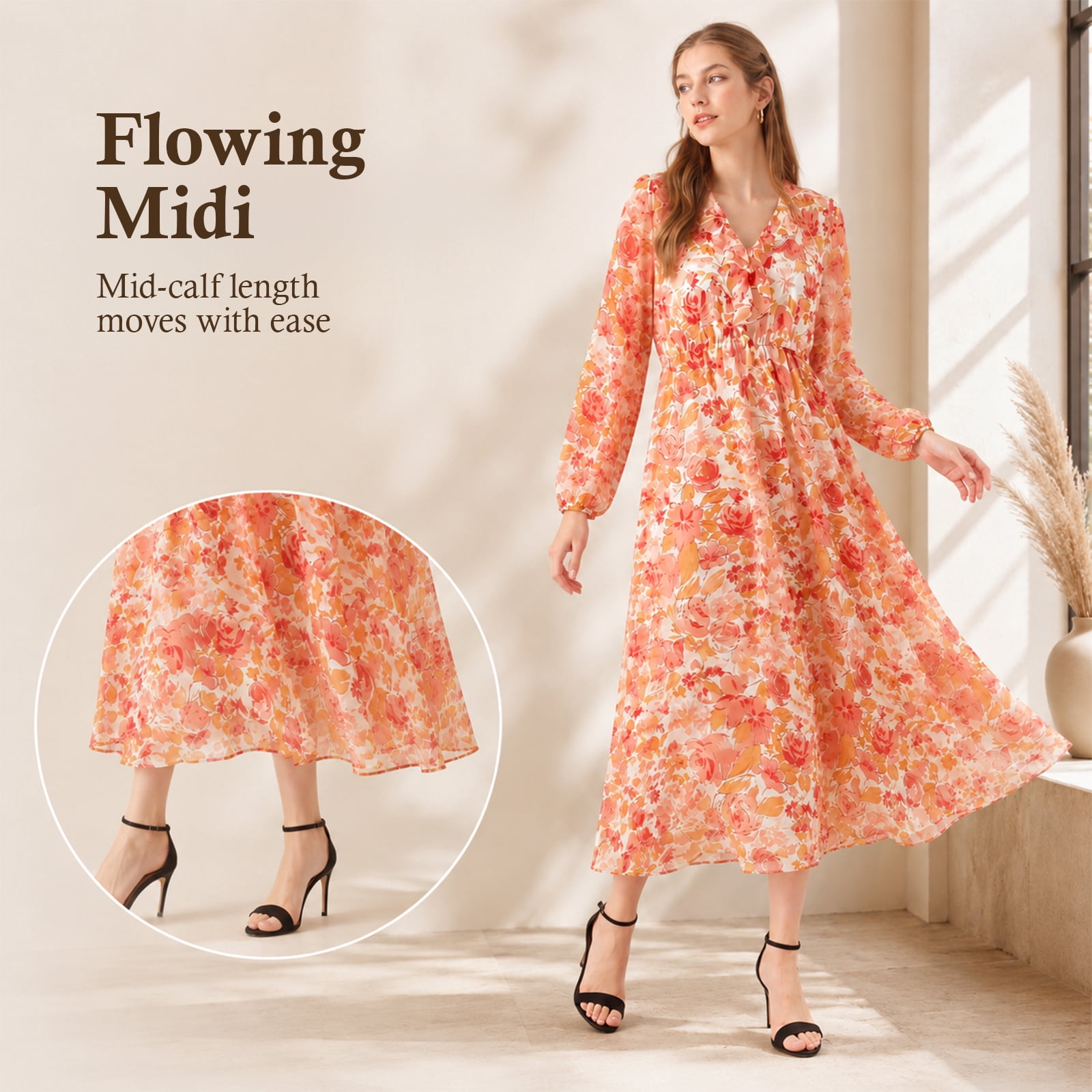 Alvantor Women's Floral V-Neck Long Sleeve Midi Dress, Red Multi Flower Print